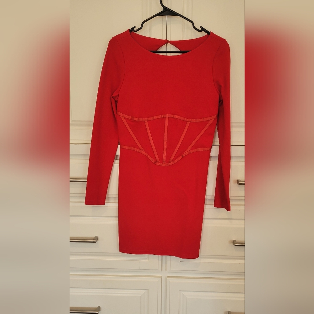 Red Long-Sleeve Corset-Detail Bodycon Dress